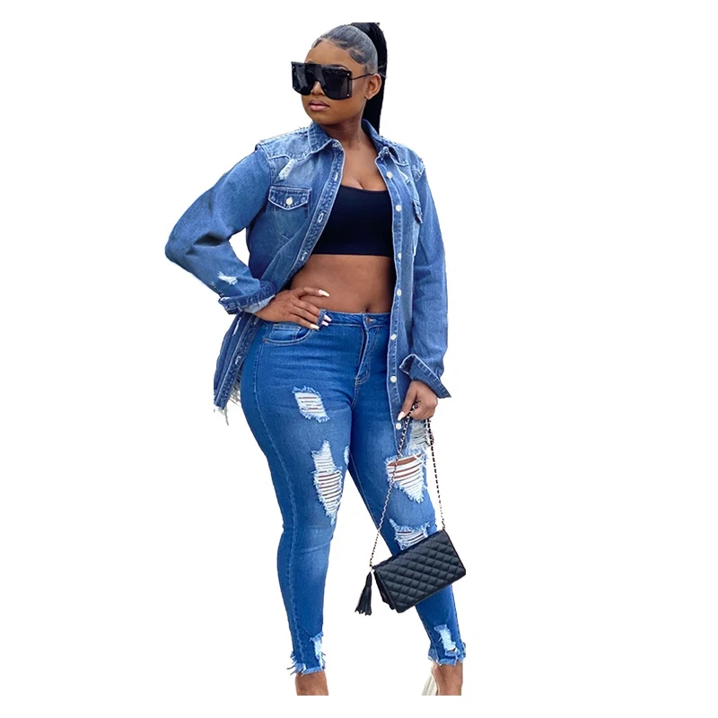 

Jean Jacket Women Denim Jackets Blue Jean Jacket Hot Tassel Ripped Denim Jacket Women Hole New Fashion Denim Blue Long Coat