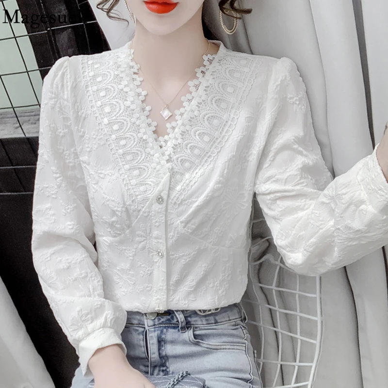 

Autumn French Elegant V-neck Women's Blouse Long Sleeve White Vintage Shirt Crochet Lace Top Pleated Shirts Blouses Blusas 17168