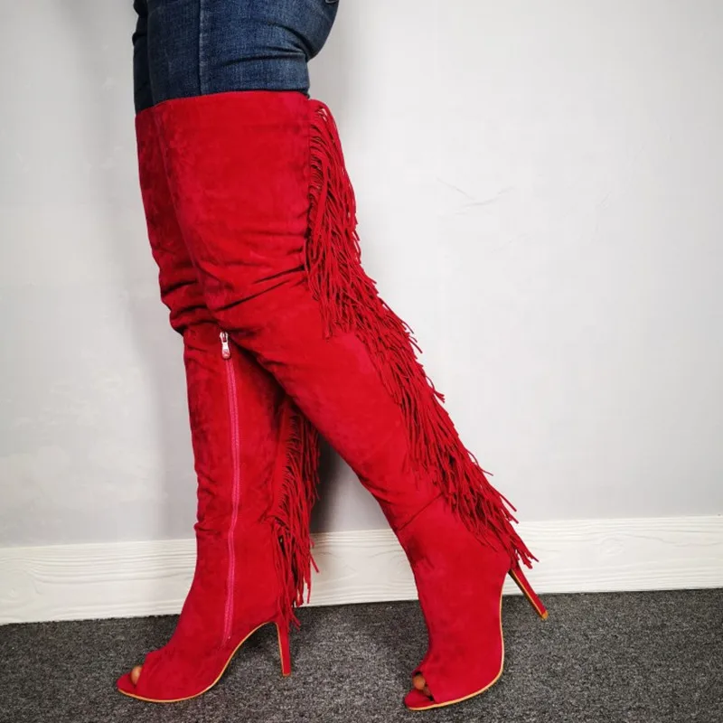 Задняя украшение с кисточкой пикантные Женские Сапоги выше колена открытый