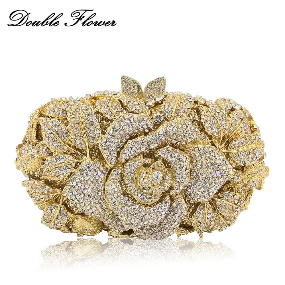 Double Flower Dazzling Women Gold Crystal Clutch Evening Handbags Metal Floral Minaudiere Wedding Party Handbag Bridal Purse |