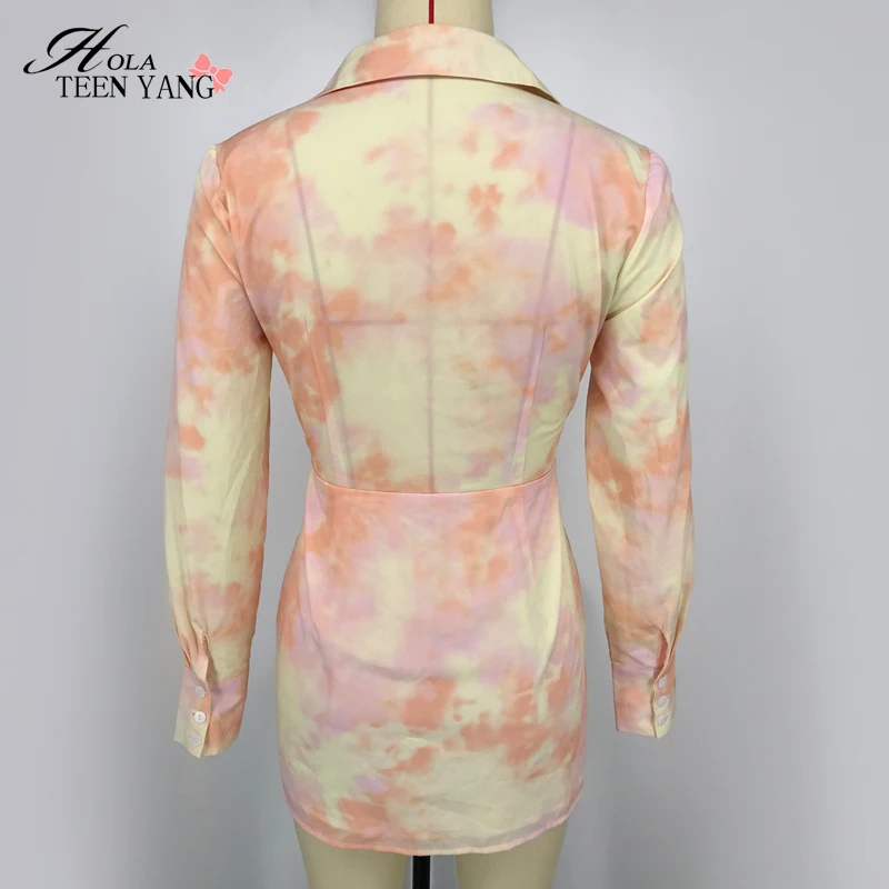 

Hola TeenYang Women Tie-Dye Skinny Mini Dress Sexy Deep V Neck Hollow Out Knotted Lady Dress Buttons Long Sleeves Bodycon 2020