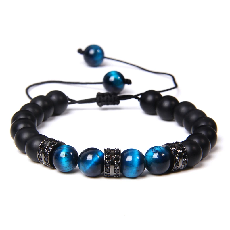 Мужской плетеный браслет из натурального камня с бусинами тигровый глаз черные