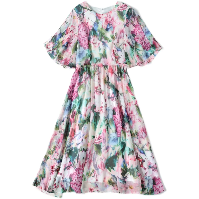 

Simgent Silk Chiffon Print Dress Summer Beach Flare Sleeve A Line Knee Length French Vintage Dresses Vestidos Robe Femme SG16121