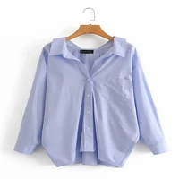 women blue lapel button up blouse shirt loose long sleeve summer solid color top office ladies wear autumn casual clothing tops