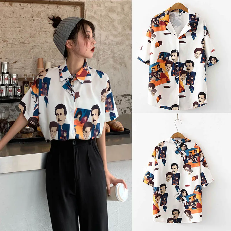 

Summer Women's Print Shirt Suit Collar Short Sleeve White Print Chiffon Shirt Top