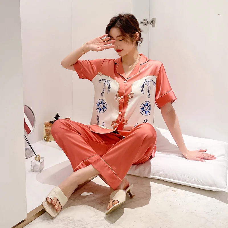 

2021 The New Ice Silk Women's Pajamas Lapel Short Sleeve Trousers Printing Tracksuit