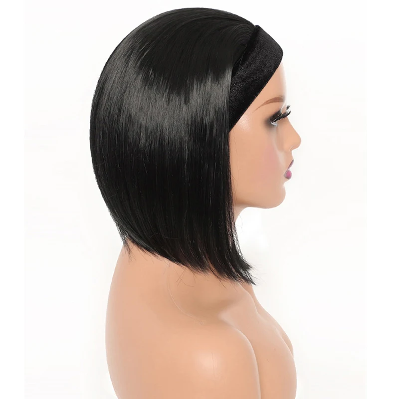 

14 Inch Short Bob Straight Headband Wigs for Black Women Afro Straight Wig with Scarf Synthetic Cosplay Bob Straight Turban Wig