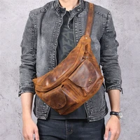 casual retro mens genuine leather chest bag crazy horse cowhide personality fashion shoulder bag large capacity waist bag