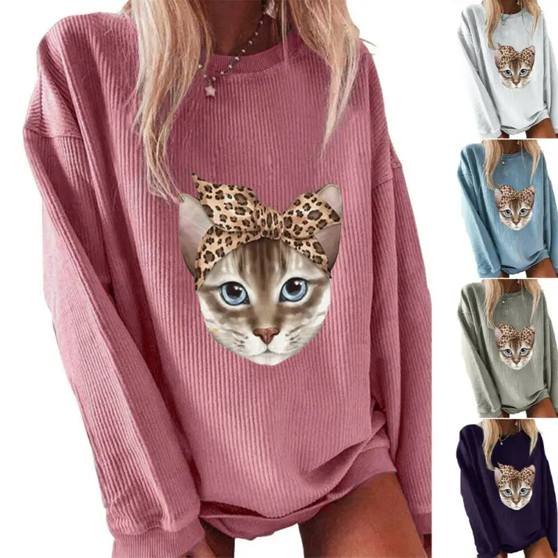 

Women Crew Neck Long Sleeve Sweatshirt Cat Print Jumper Pullover Loose Blouses