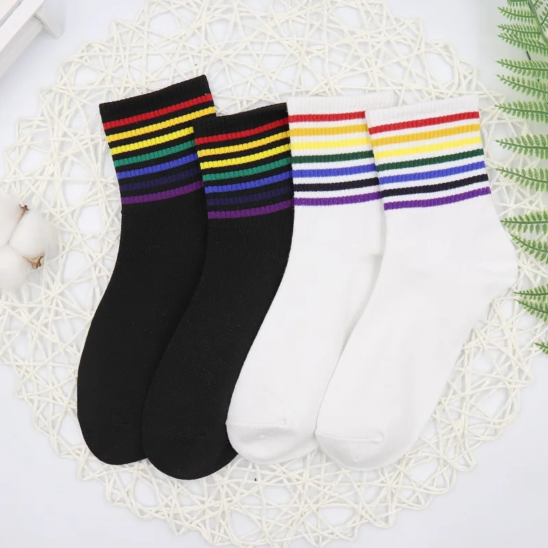 2 pairs 2 пары, женские модные носки с радугой, зимние женские носки, хлопковые носки с радужными полосками, модные теплые Повседневные носки для девочек в стиле Харадзюку - Color: 2 pairs
