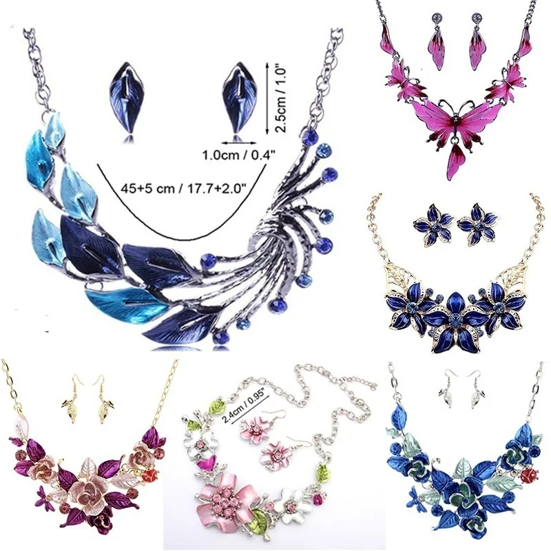 Женский очаровательный Королевский синий эмаль листья и цветы ожерелье серьги