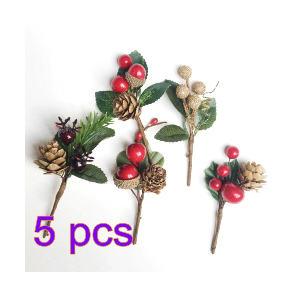 5 pcs Искусственный цветок, Красная рождественская ягода и сосновый конус, выбор с ветками Холли для праздника, Цветочный декор, цветок, ремесла - Цвет: 5 pcs