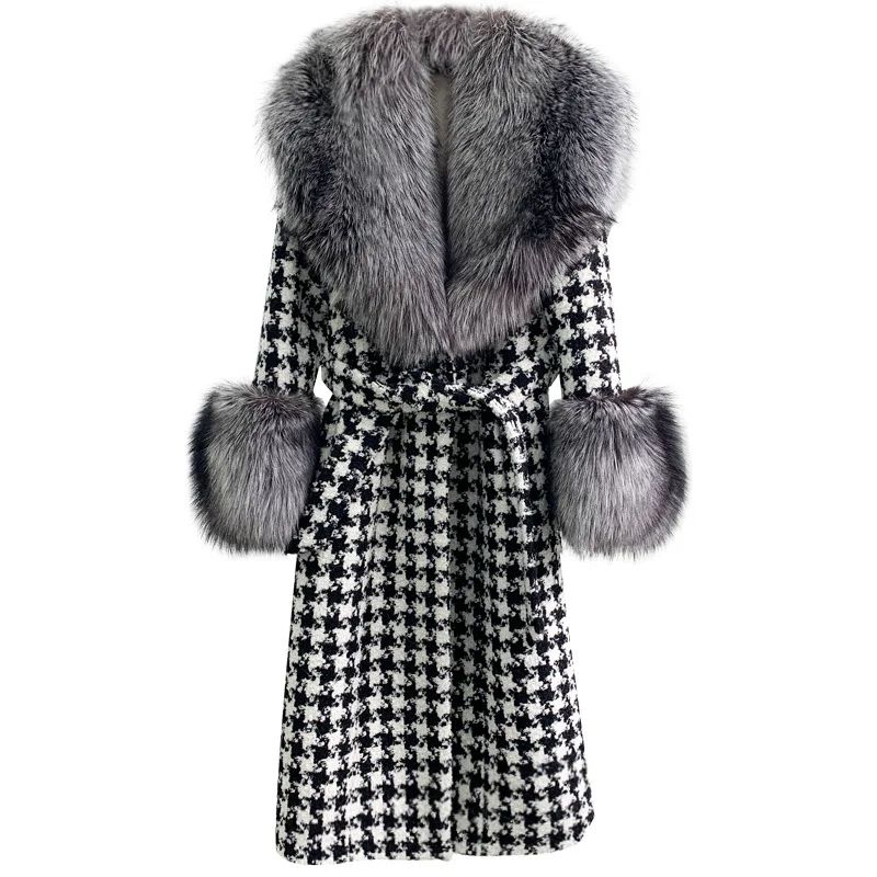 Luxury Fur Coats with Fox Fur Collar Winter Thick Women Houndstooth Long Real Fox Overcoats Belted Female Plaid Jackets 2 Colors