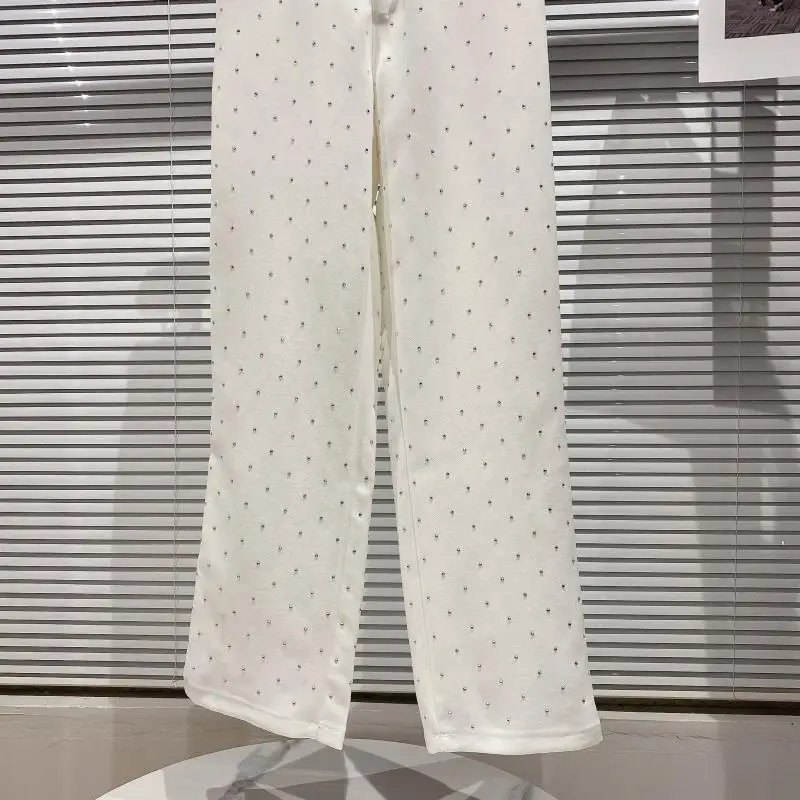 

Spring Autumn New Office Lady White Wide Leg Pants Gypsophila Rhinestone Decoration Loose Trousers Women Fashion High Streetwear