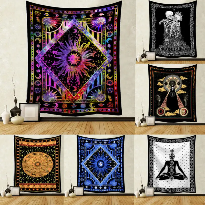 

Indian Fabric Beach Mats Mandala Tapestry Wall Hanging Sun Moon Tapestry Psychedelic Skull Moth Ouija Dorm Wall Tapestry Mandala