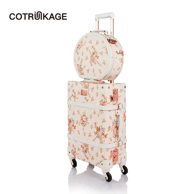 COTRUNKAGE 2" винтажный комплект дорожных чемоданов TSA замок носить на чемодан для женщин с коробкой шляпы-бежевый цветочный