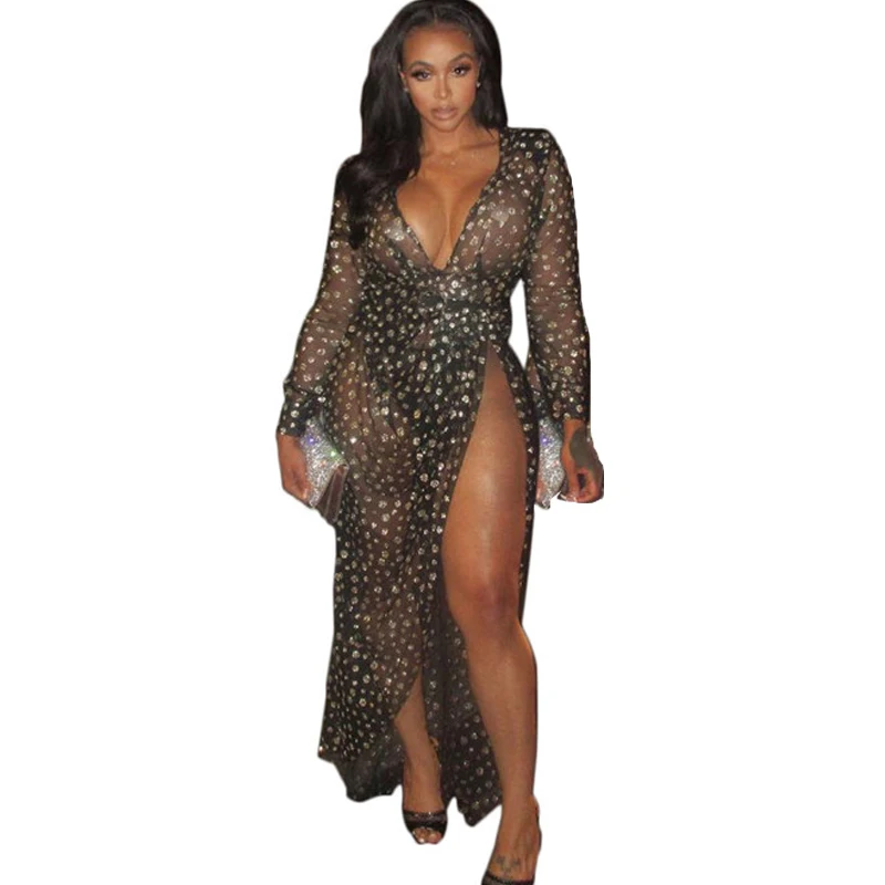 

Autumn Women See Through Black Long Maxi Dress Sexy V-Neck Long Sleeve Backless High Split Dot Glitter Evening Party Dresses