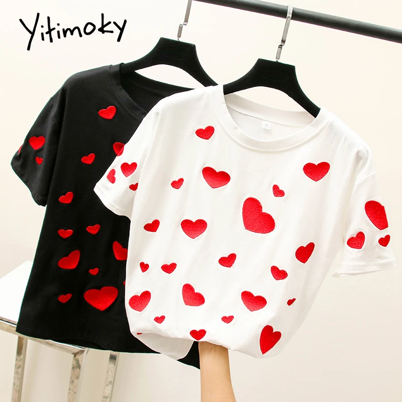 Шикарные футболки с вышитым красным сердцем для женщин 2020 летние рубашки