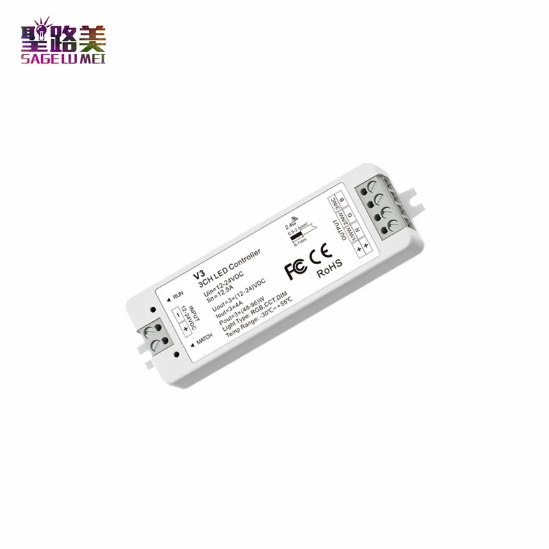 

V3 12-24VDC RGB/CCT/Dimming 3 Channel Wireless LED RGB Controller 2.4G RF Wireless Reciever For RGB LED Strip Light Tape Ribbon