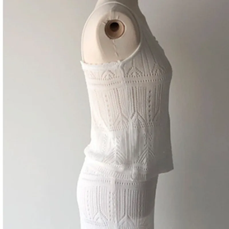 

High Quality Women Knitting Long Midi Banquet Skirt Two Piece Suit Chic Spaghetti Strap Vest Top Sweater Twinset