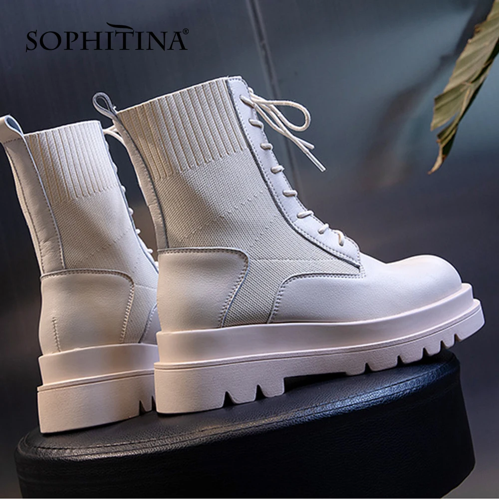 Harga Sepatu Platform SOPHITINA Sepatu Bot Kaus Kaki Jahitan Kulit Fashion Wanita Sepatu Bot Pergelangan Kaki Wanita Elastis Musim Gugur Buatan Tangan Tabung Sedang WO606