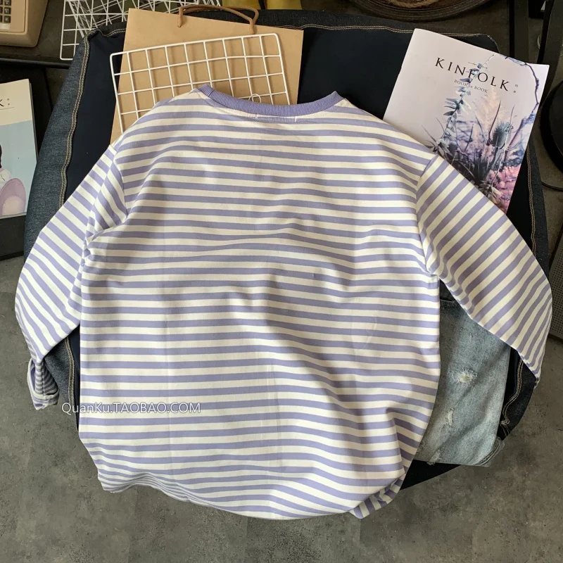 

2021 Spring and Autumn New Loose Casual Long Sleeve Cotton T-shirt Student Cartoon Letter Embroidered Striped Round Neck Tees