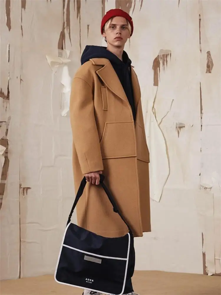 Мужское пальто с мехом camel Свободное средней длины в стиле кокон | Мужская одежда