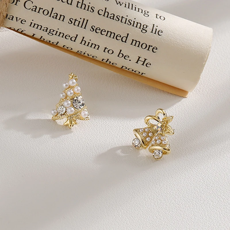 

Fairy Minimalist Christmas Tree Rhinestone Pearl Stud Earrings 14k Gold Exquisite Pierced Ears Simple Christmas Gift Jewelry