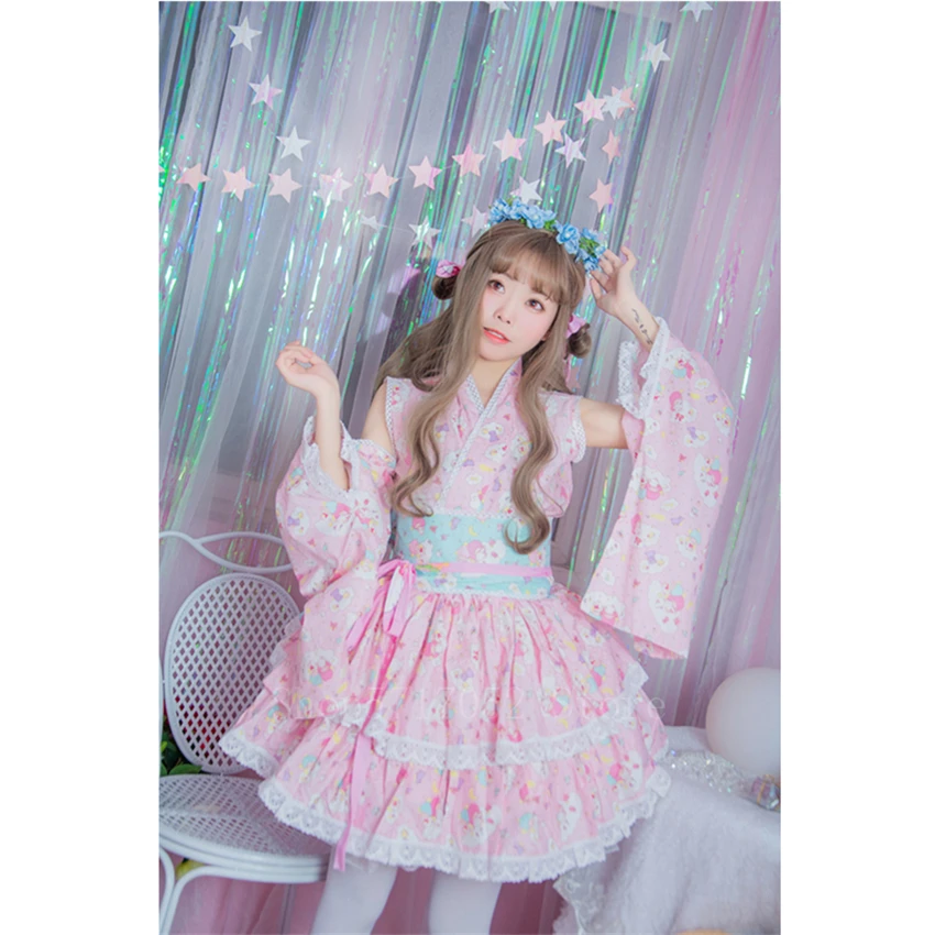 Японское кимоно для девочек милое женское платье пачка с принтом в стиле