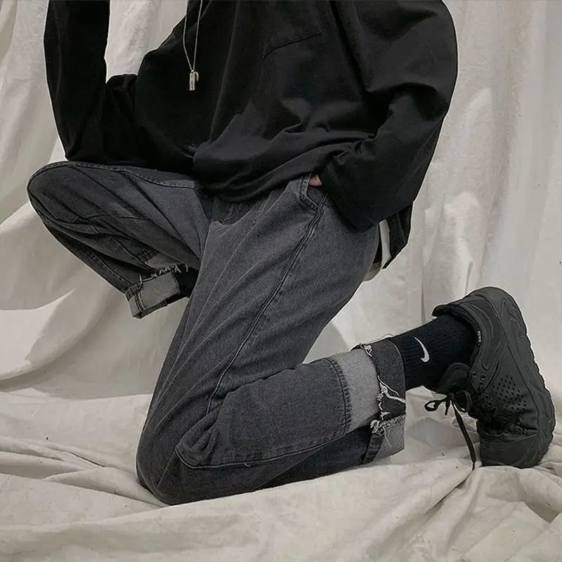Весенние Брюки, черные прямые широкие брюки в стиле пэчворк, свободные трендовые джинсы, мужские Студенческие модные повседневные брюки в К...