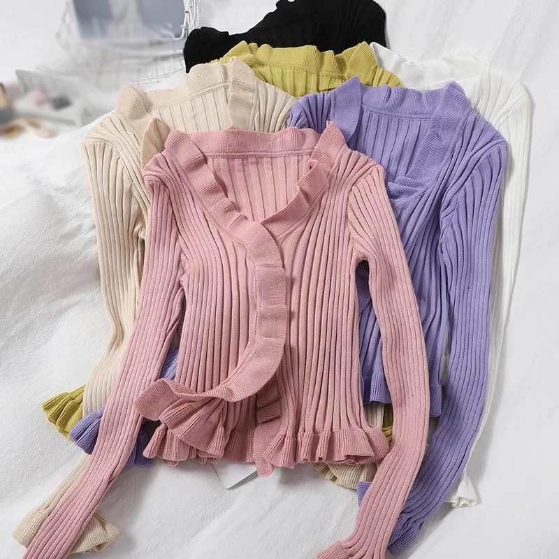 

Wooden Ear Cardigan Korean Style Solid Color V-neck Slim Slimming Long-sleeved Knitted Top