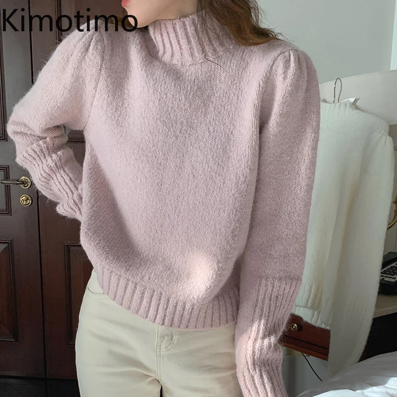 

Женский свитер с пышными рукавами Kimotimo, сезон осень-зима 2021, однотонный мягкий пуловер с высоким воротником, корейские шикарные вязаные топ...