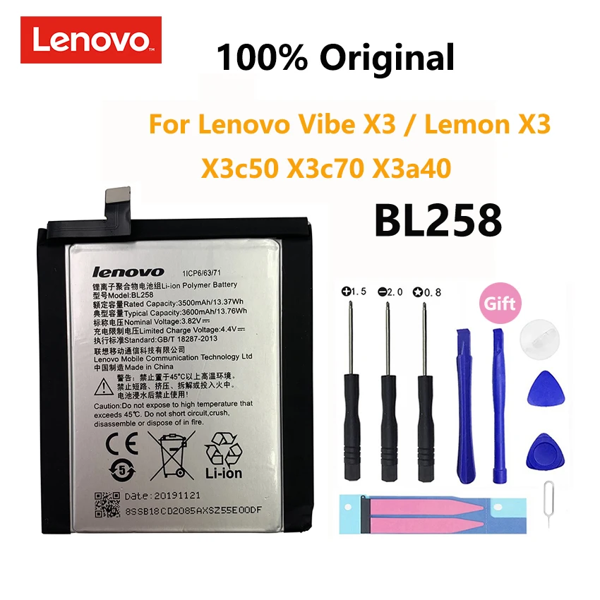 

100% Оригинальный настоящий аккумулятор BL258 3600 мАч для Lenovo Vibe X3 / Lemon X3 X3c50 X3c70 X3a40, аккумуляторные батареи для телефона, батарея
