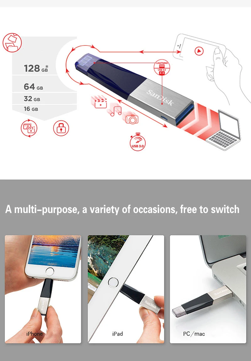 SanDisk IX40N USB Flash Drive 64 GB iXPand OTG 128 GB Lightning USB 3,0 двойной Flash Drive 32 ГБ памяти рукоять mfi-контроллеров для iPhone/iPad