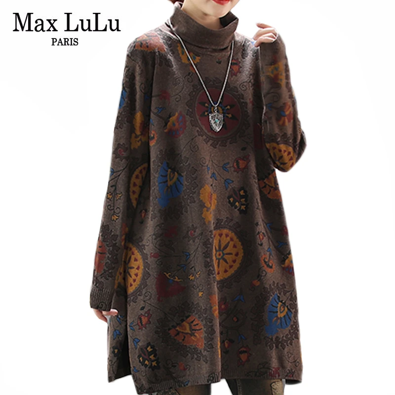 Женская водолазка в стиле панк Max LuLu длинный теплый свитер с цветочным принтом