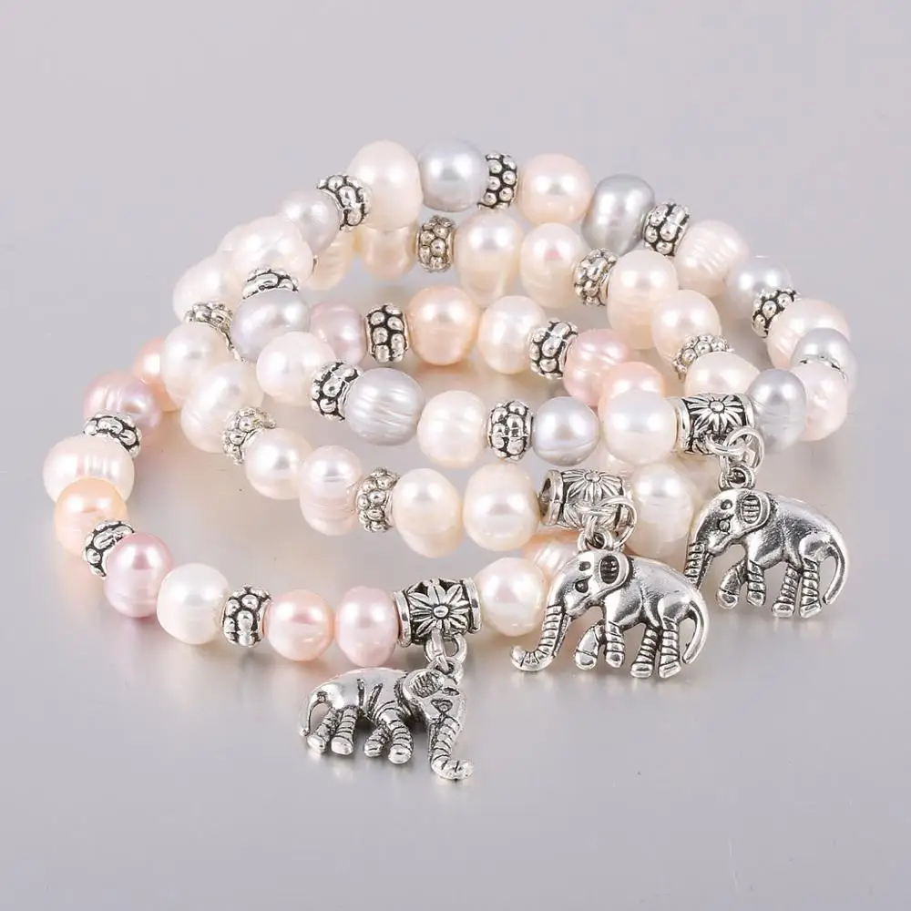 Браслет подвеска слон из цинкового сплава с пресноводным жемчугом 8 мм 19