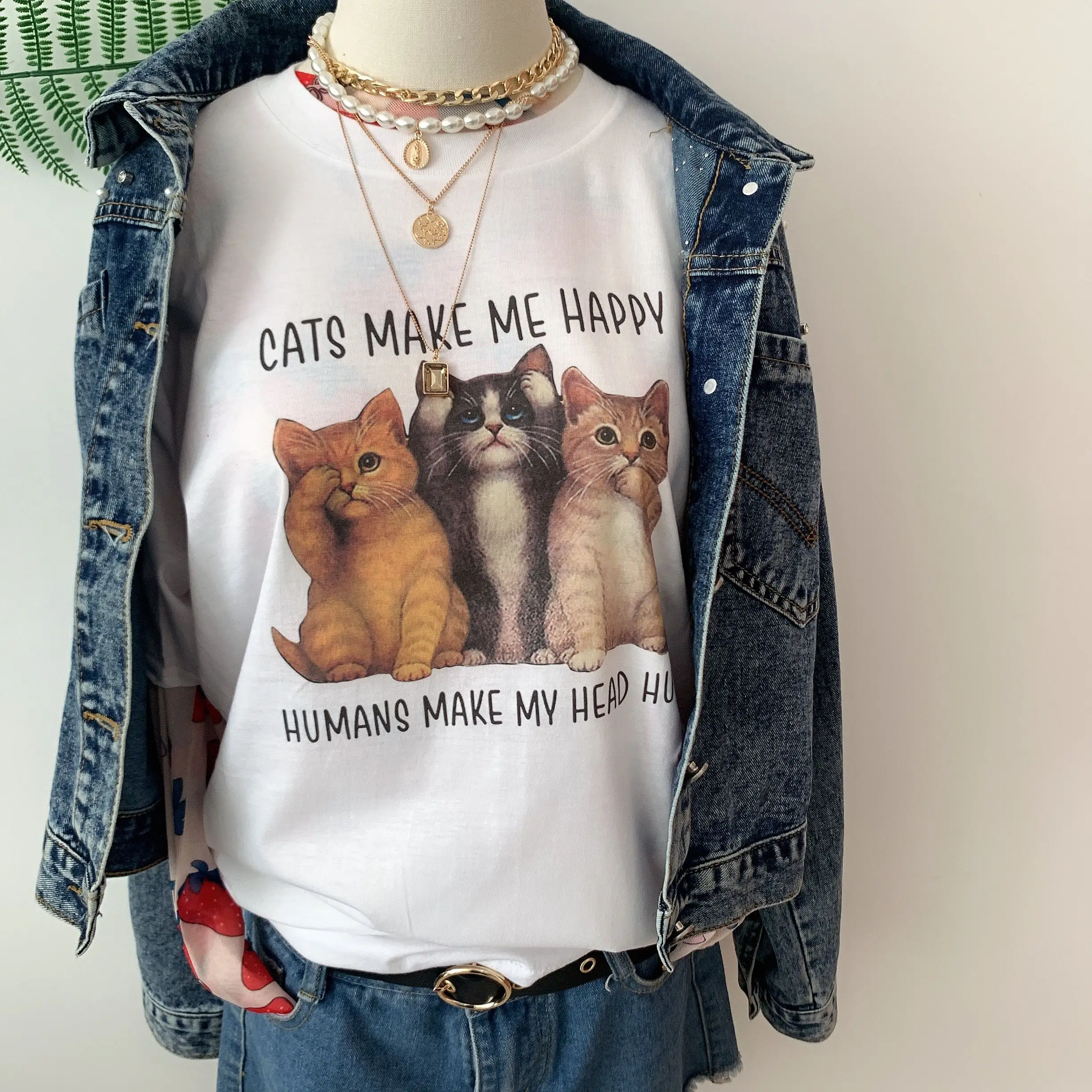 HAHAYULE-JBH кошек Make Me Happy человека My болит голова футболка Для Женщин Милый Забавный