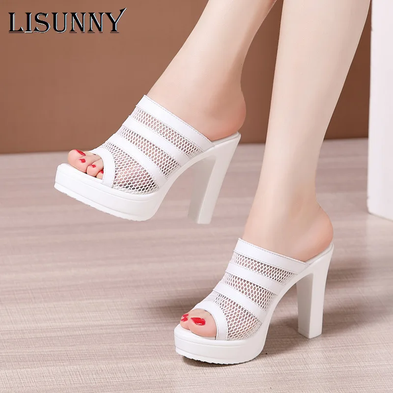 

LISUNNY Block Heel Platform Shoes Women Slippers Summer 2020 Open Toe High Heels Slides Ladies Cutout Slippers Plus Size 33-43
