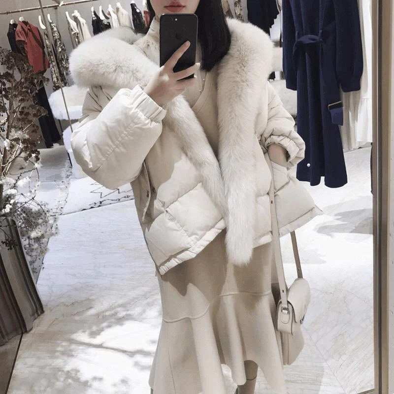 Большой натуральный Лисий мех куртка 2019 зима 90% белый пуховик Короткая свободная