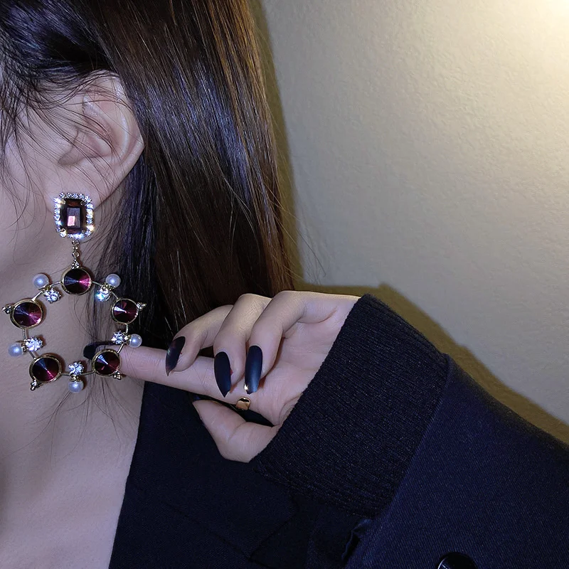 

FYUAN Vintage Dark Red Crystal Drop Earrings for Women Round Geometric Dangle Earrings Party Jewelry Accessories