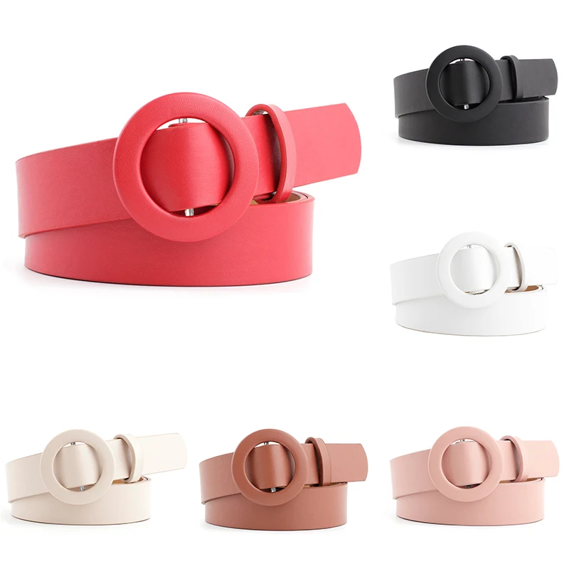 

Lady Fashion Round Buckle Solid Color Pu Leather Belt Needle-Free Belt Light Body Punch-Free Decorative Pants Jeans Belt 107cm