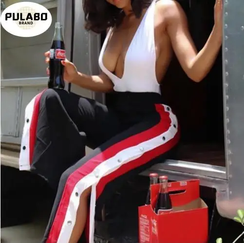 Брюки женские длинные с широкими штанинами в полоску пэчворк Боковым Разрезом