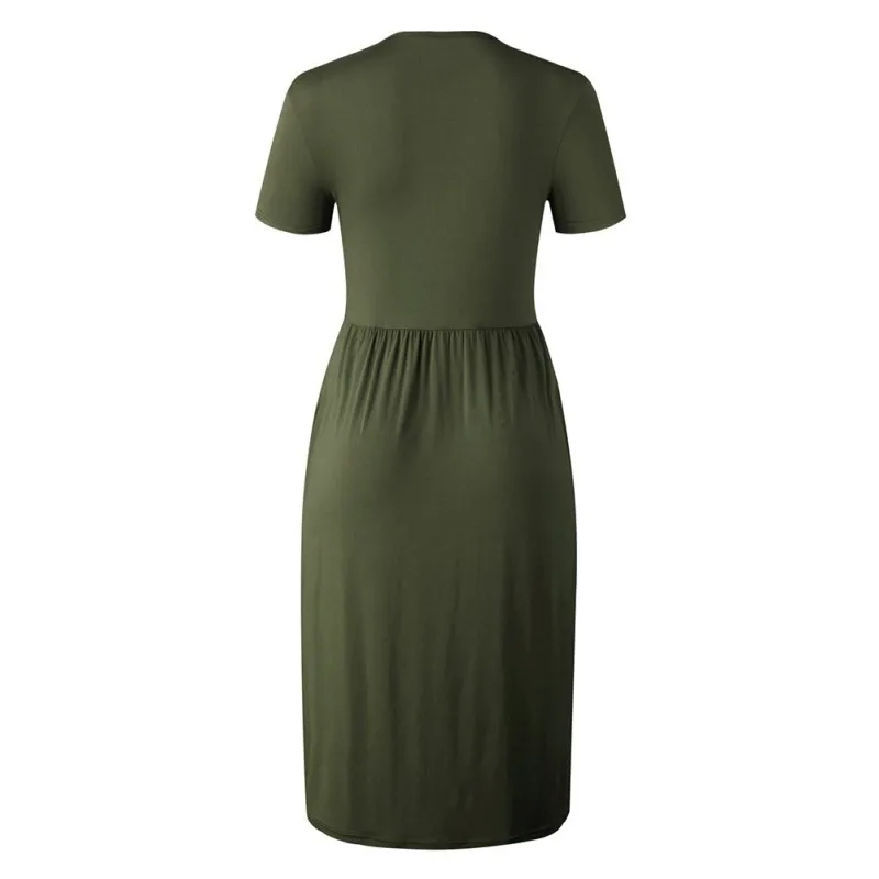 

Women Clothes Summer Woman Dress Elegant vestido O-neck Solid Dress Slim Women Clothes High Waistline Buttons Pockets