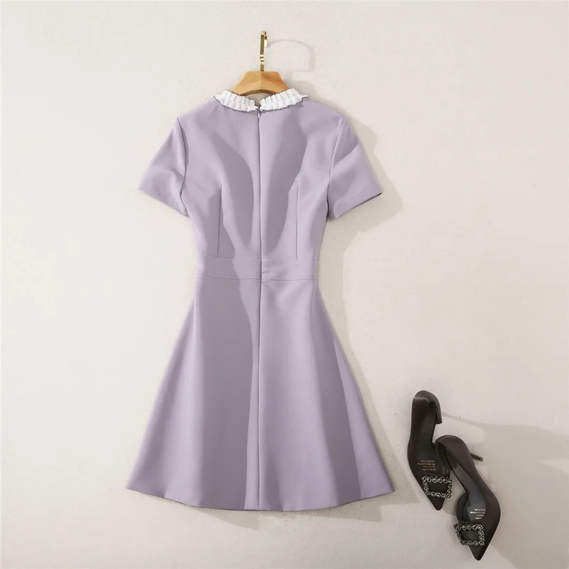 

2020 Autumn Fashion Dress High Quality Business Women Chest Pocket Beading Buttons Deco Short Sleeve Slim Fit Purple Black Dress