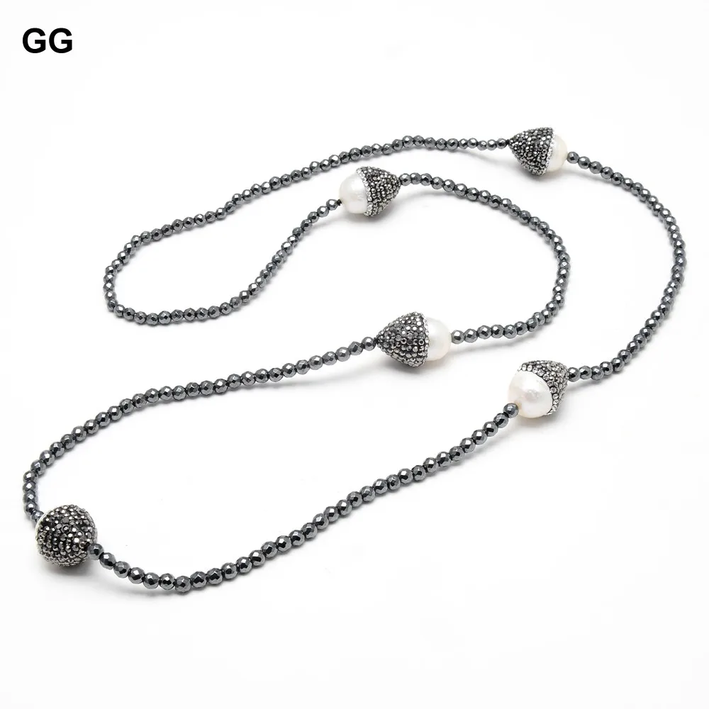 

GuaiGuai Jewelry 34" Black Hematite Natural White Keshi Pearl CZ Paved Long Necklace Sweater Chain Necklace For Women