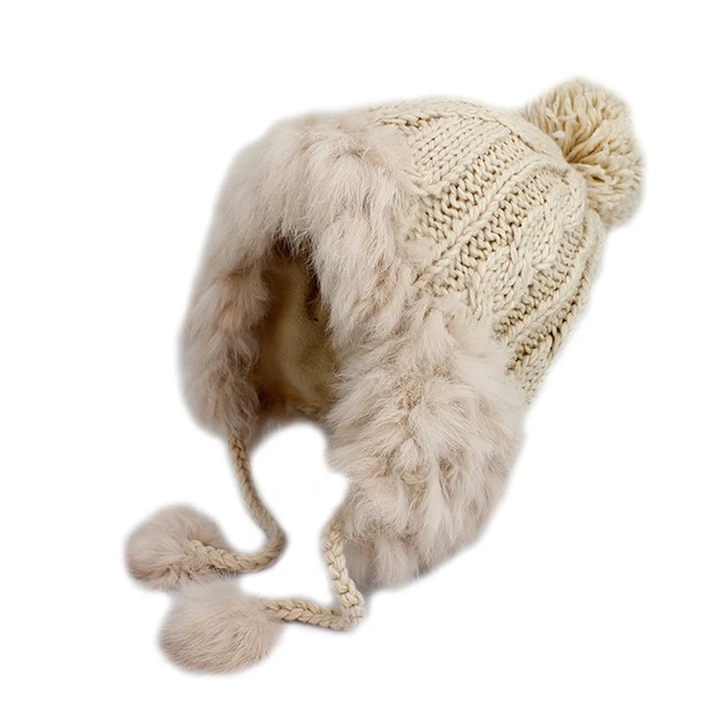 

Women Winter Lovely Earmuffs Skullies Beanies 2019 New Genuine Mohair Rabbit Fur Fabric Knitted Hats Girls Lei Feng Cap