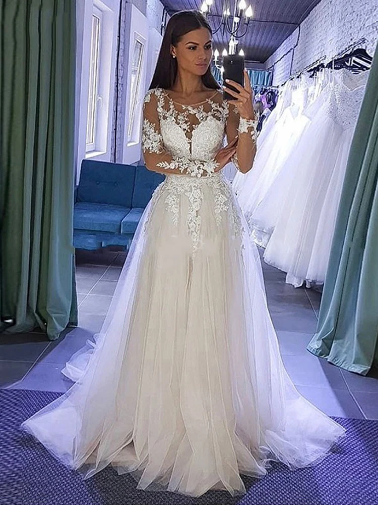 

Boho Wedding Clothes With Long sleeves Tip Appliques Cover Bride Dress Beach Back Key Illusion Abito Da Sposa Vestido De Noiva