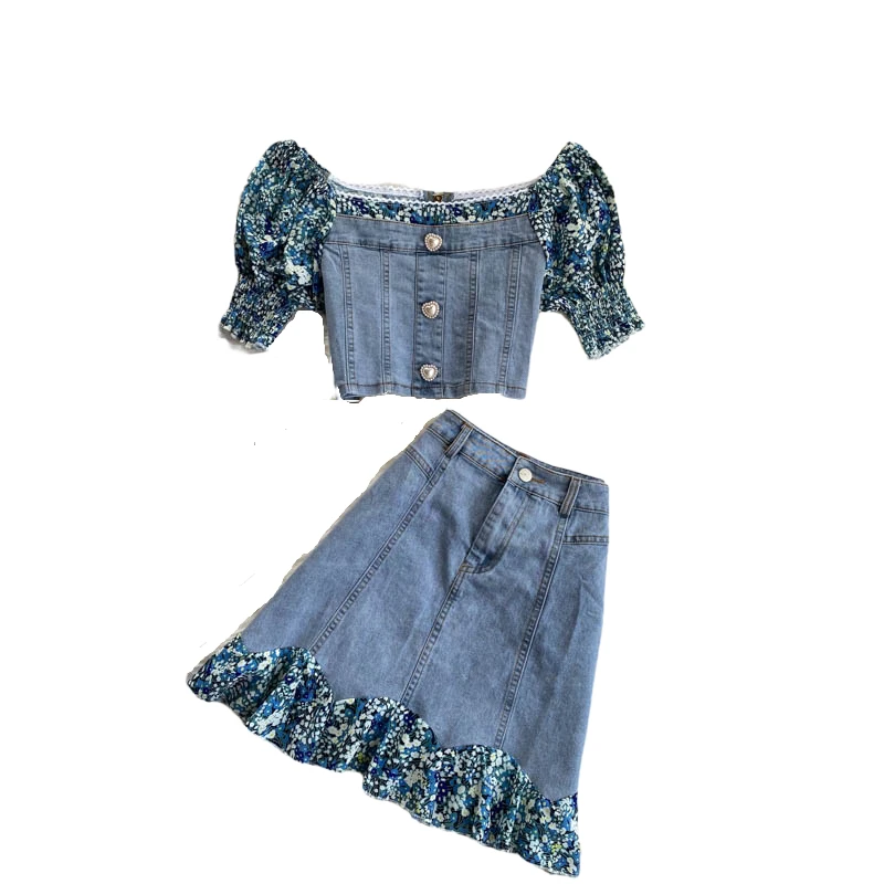

Floral Patchwork Denim Women Sets Summer Slash Neck Puff Sleeved Shirts And Empire Ruffles Mini Skirt Sexy female Suits