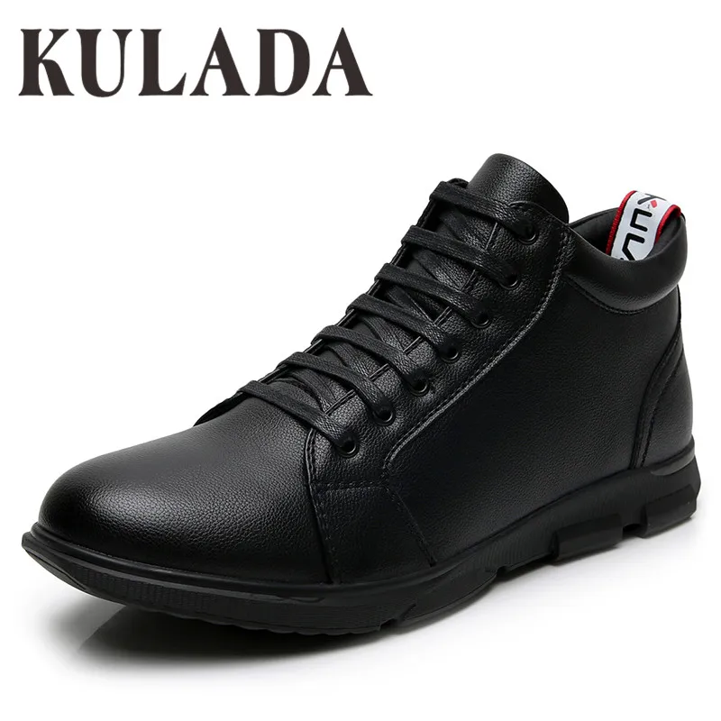 black-M1913-1 KULADA зимние ботинки высокого качества; мужские кожаные ботильоны; уличные рабочие ботинки ручной работы в винтажном стиле; мужская теплая обувь - Цвет: black-M1913-1