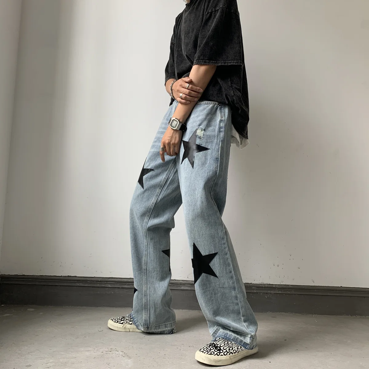 ICCLEK High Street Pants Men's Jeans Retro Wide Leg Pants Men's Thin Jeans Black Jeans Men  Plus Size Jeans  Wide Leg Jeans